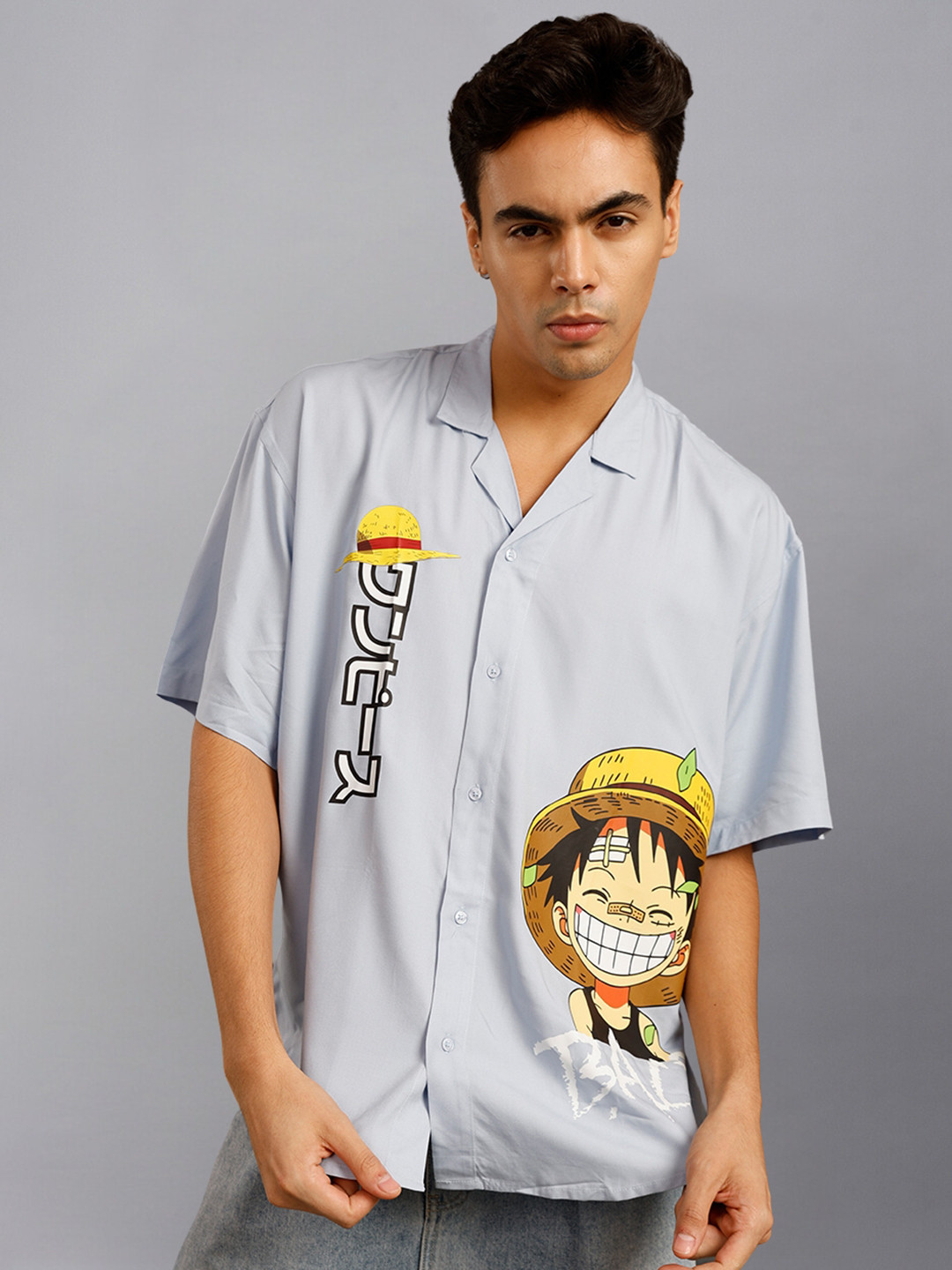PRONK Relaxed Fit Luffy Printed Cuban Collar Casual Shirt