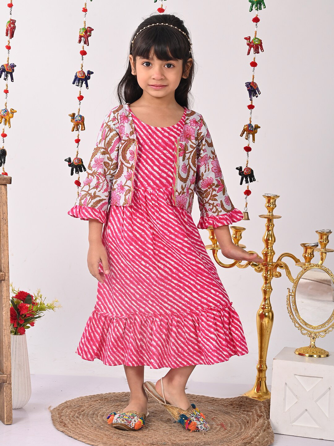 Sangria Girls Round Neck Cotton Sleeveless Lehriya Dress With Printed  Jacket