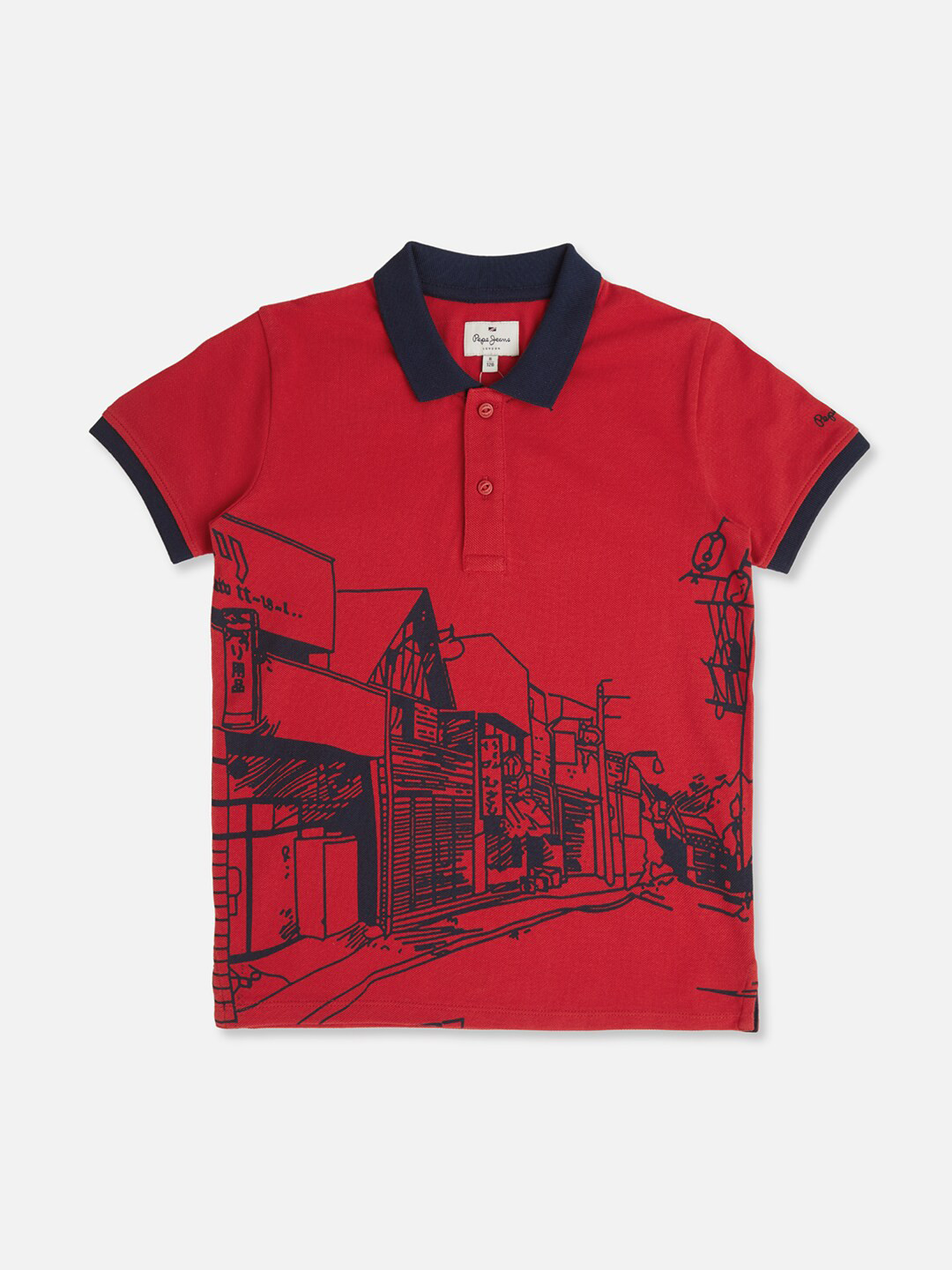 Pepe Jeans Boys People and Places Printed Polo Collar Pure Cotton T-shirt