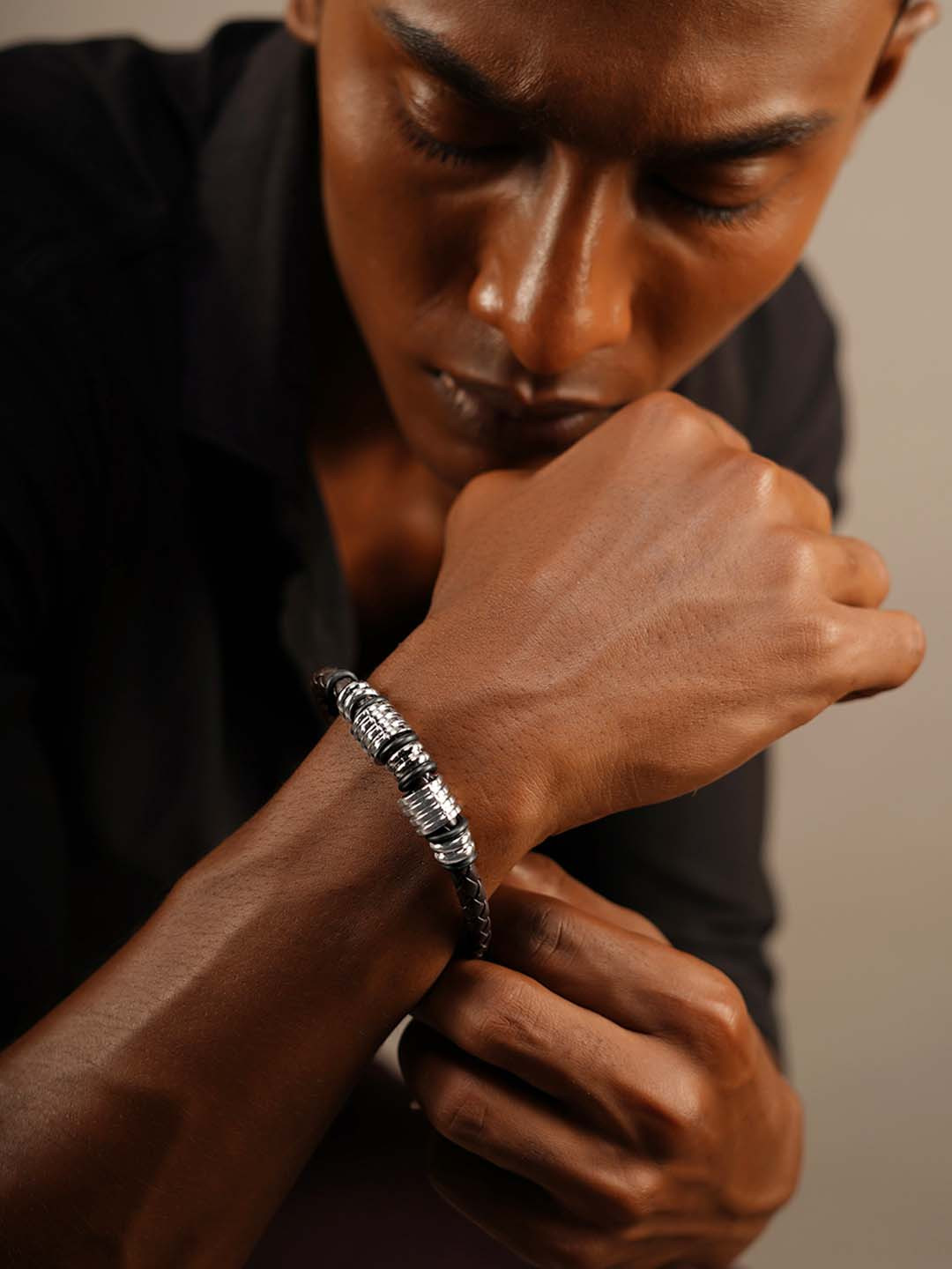 Roadster leather Braided Rhodium Charm Bracelet