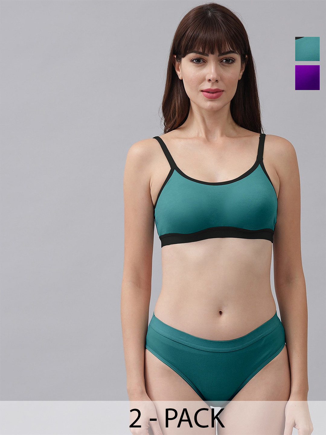 AROUSY Pack Of 2 Cotton Lingerie Set AR_M_CNORA_Green,Purple_30
