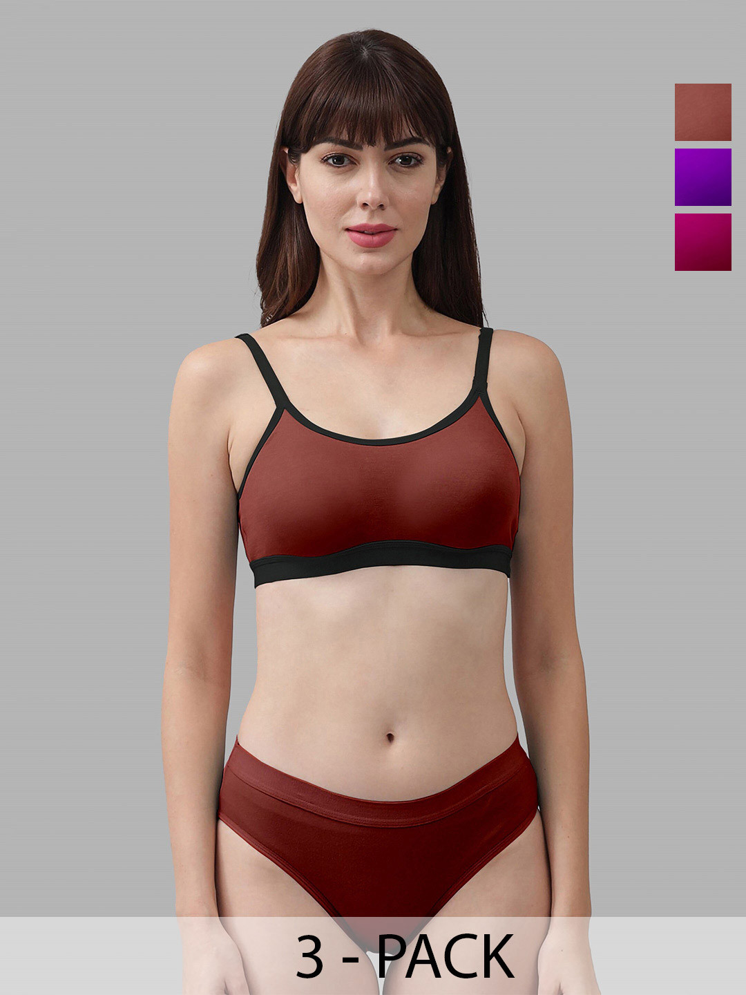 AROUSY Pack Of 3 Cotton Lingerie Set AR_M_CNORA_Purple,Pink,Maroon_30