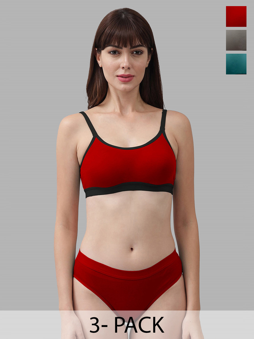 AROUSY Pack of 3 Cotton Non-Padded Lingerie Set AR_M_CNORA_Red,Green,Grey_30