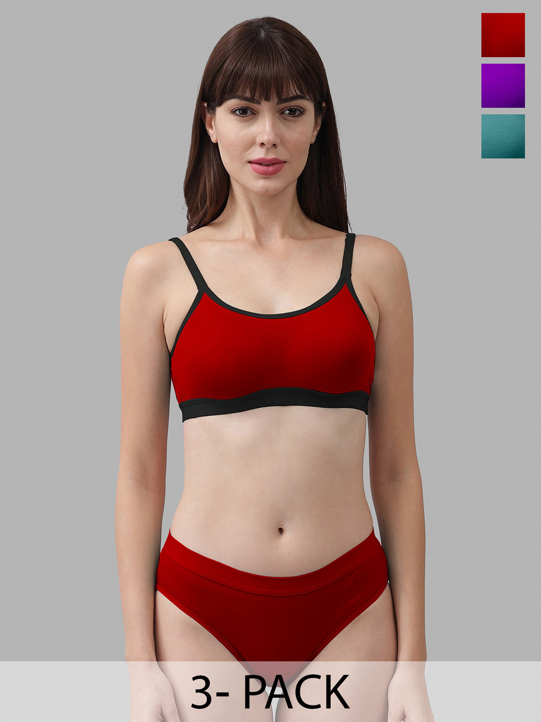 PIBU Pack Of 3 Cotton Lingerie Set- PI_C_CNORA_Red,Green,Purple_30