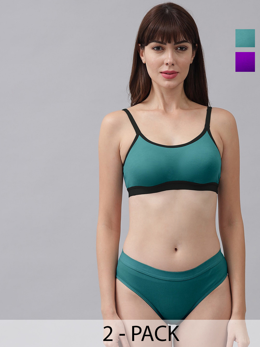 PIBU Pack Of 2 Non Padded Cotton Lingerie Set PI_M_CNORA_Green,Purple_30