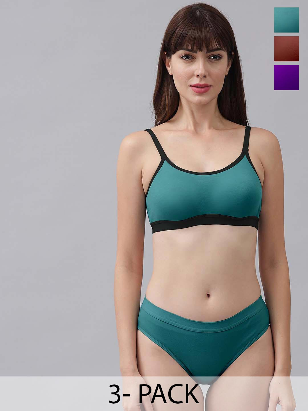 PIBU Pack of 3 Cotton Lingerie Set- PI_C_CNORA_Green,Purple,Maroon_30