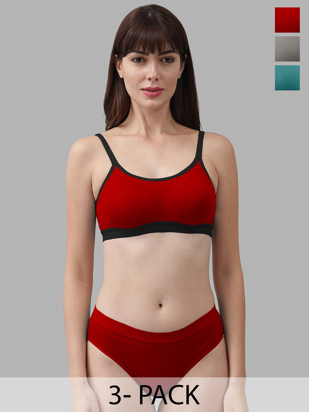 PIBU  Pack of 3 Cotton Non-Padded Lingerie Set PI_M_CNORA_Red,Green,Grey_30