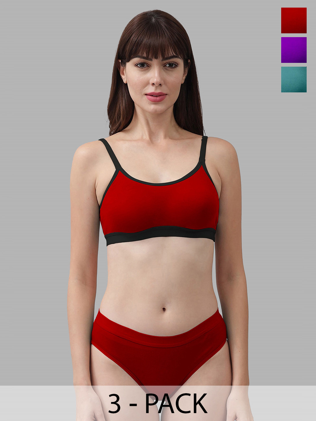 PIBU Pack of 3 Cotton Lingerie Set PI_M_CNORA_Red,Green,Purple_30