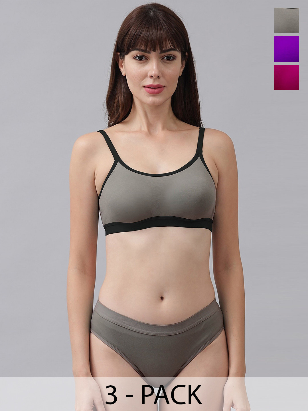 PIBU Pack Of 3 Cotton Lingerie Set PI_M_CNORA_Purple,Pink,Grey_30
