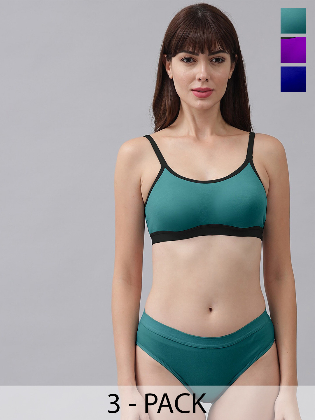Aamarsh Pack Of 3 Non Padded Cotton Lingerie Set AA_M_CNORA_Green,Purple,Blue_30