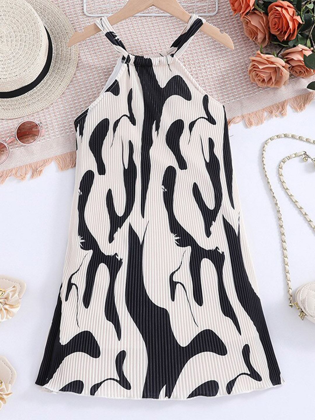 StyleCast Girls Beige& Black Print A-Line Dress