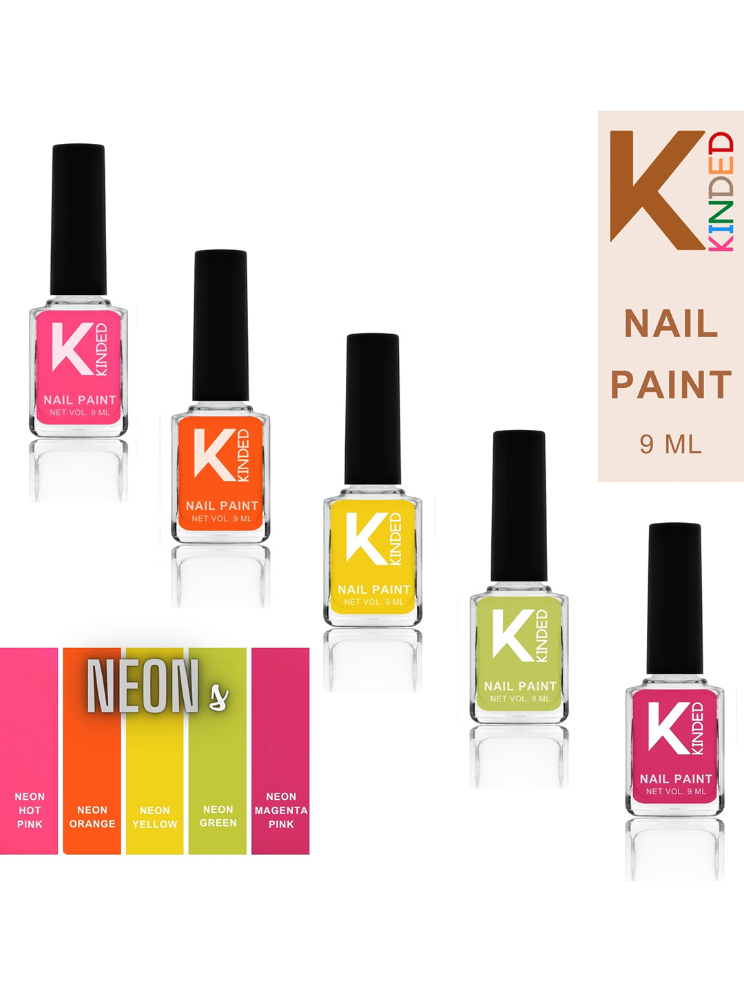 KINDED 5-Pcs Long Stay Nail Polish - 9ml -Neon Pink-Orange-Yellow-Green-Magenta Pink