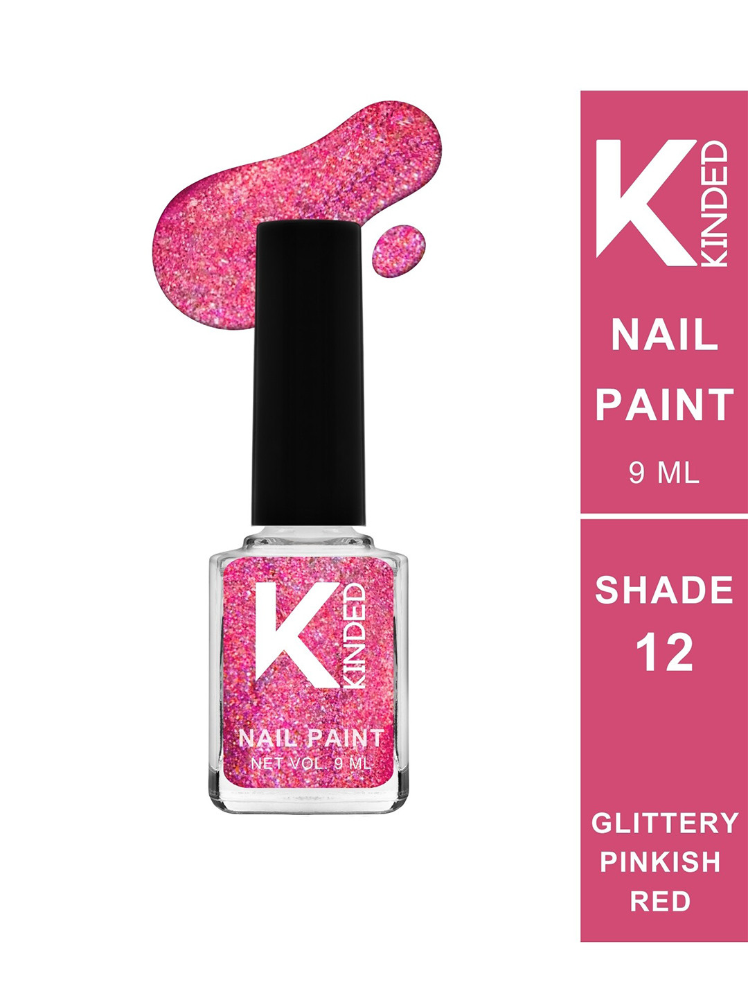 KINDED Long Stay Glittery Finish Nail Polish - 9ml - Glittery Pinkish Red 12