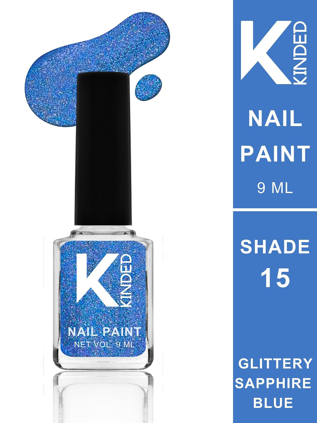 KINDED Long Stay Glossy Finish Nail Polish - 9ml - Glittery Sapphire Blue 15