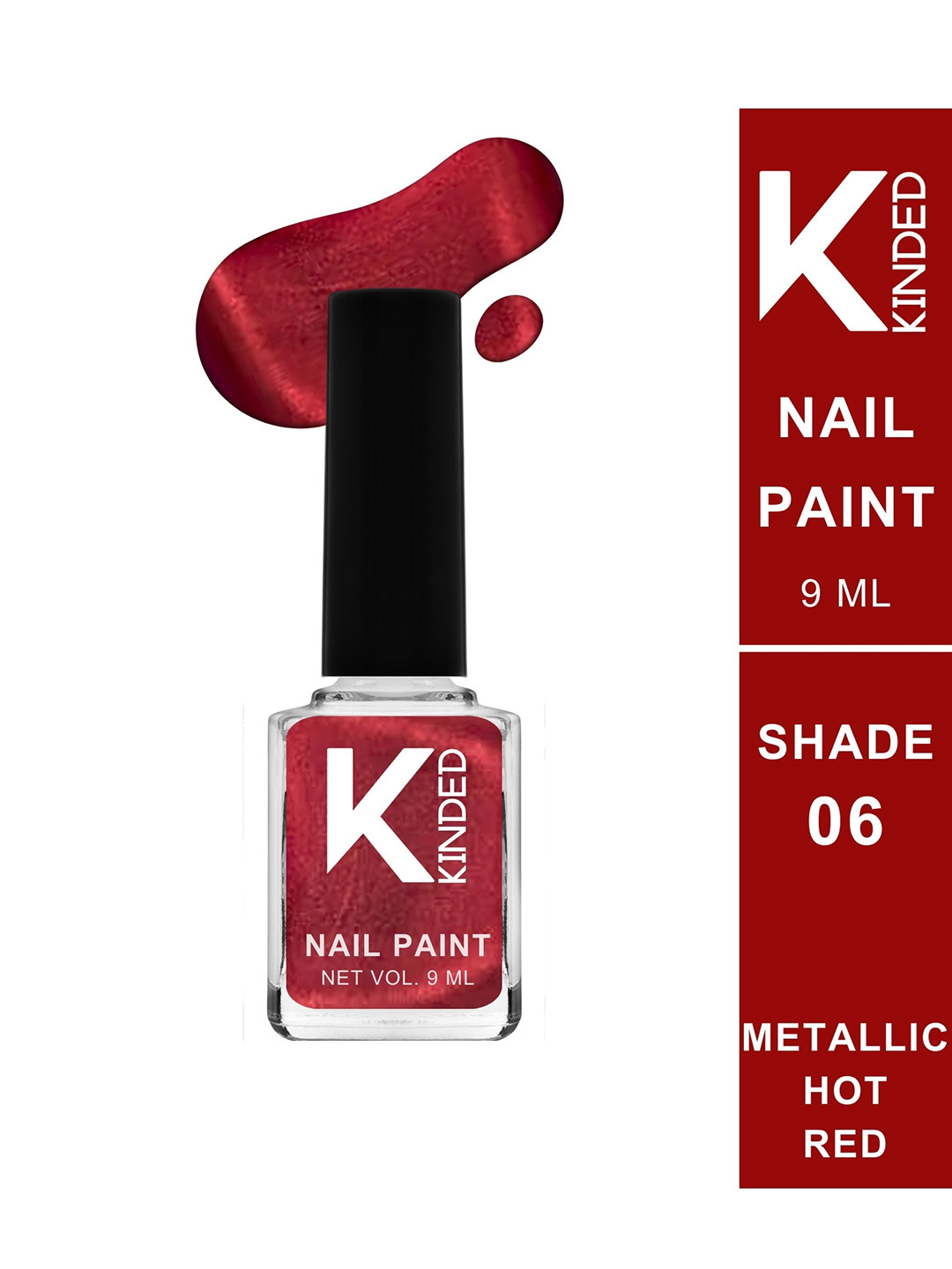KINDED Long Stay Glossy Finish Nail Polish - 9ml - Metallic Hot Red 06