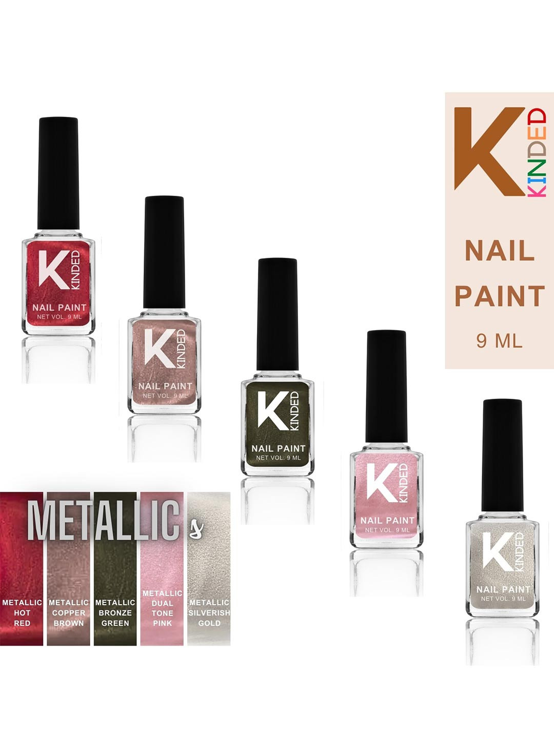 KINDED Set Of 5 Long Stay Metallic Glossy Finish Nail Polish - 9ml Each - Shades 06 to 10