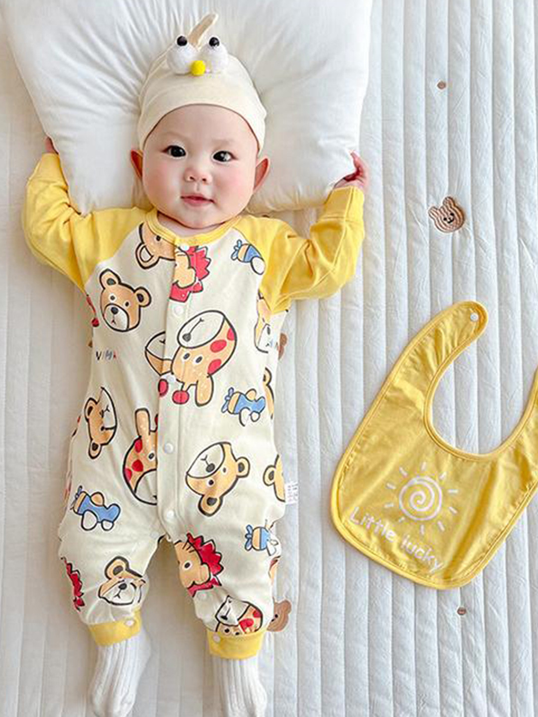 StyleCast Infants Boys Printed Cotton Rompers With Bib