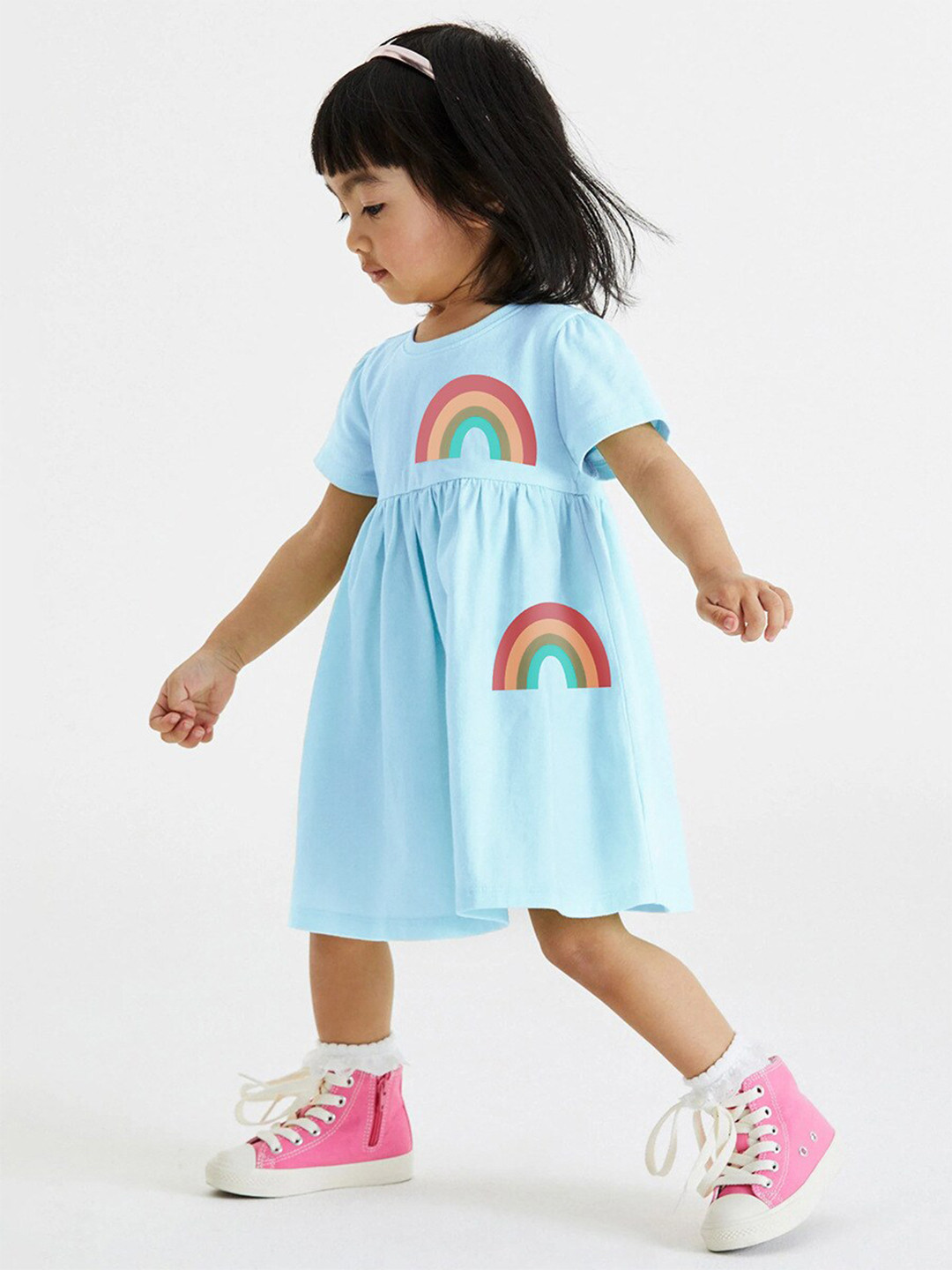StyleCast Girls Blue Graphic Printed Round Neck Cotton Fit & Flare Dress