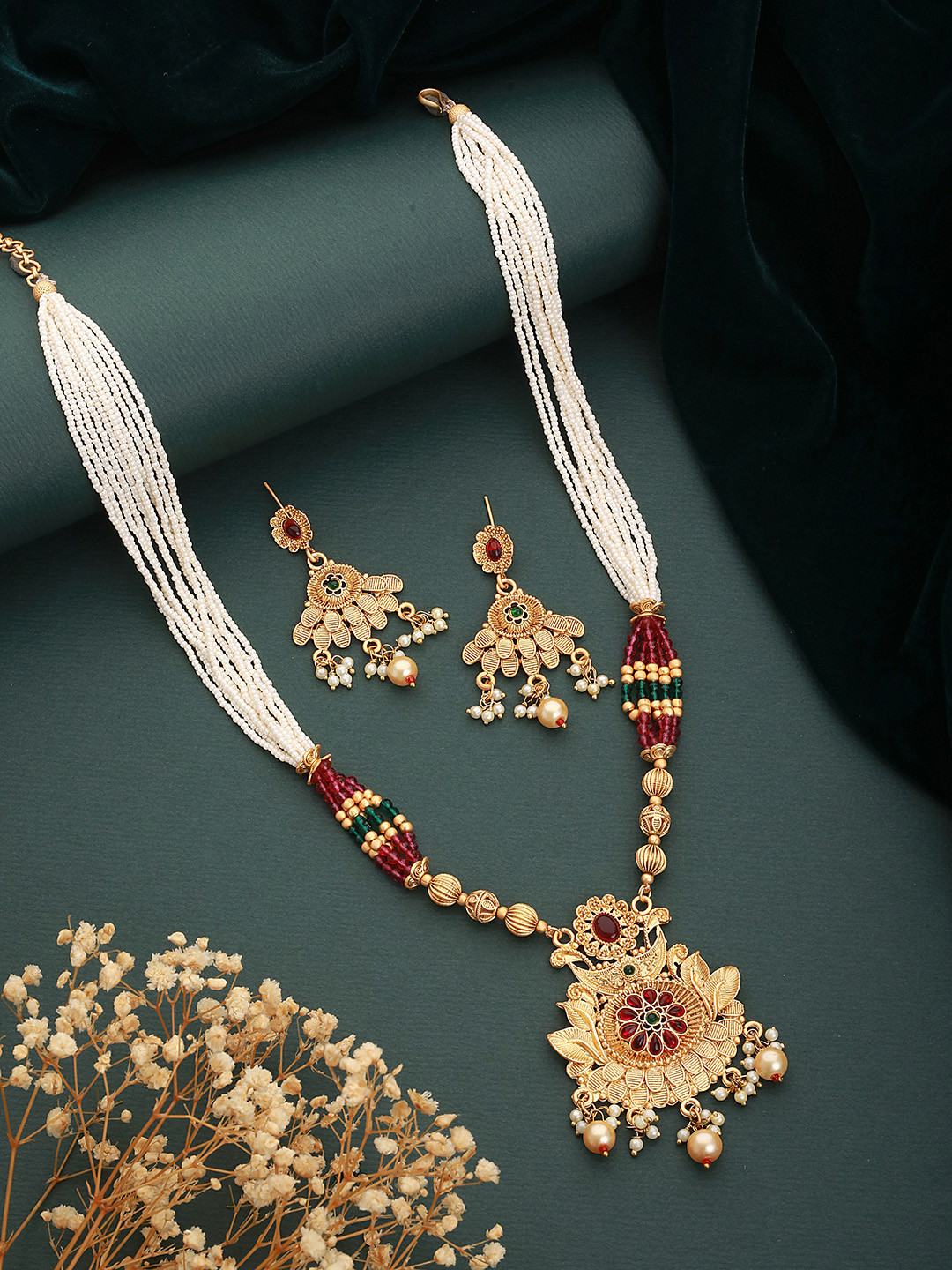 Jazz and Sizzle Gold-Plated Red Stone Studded & Beaded Jewellery Set