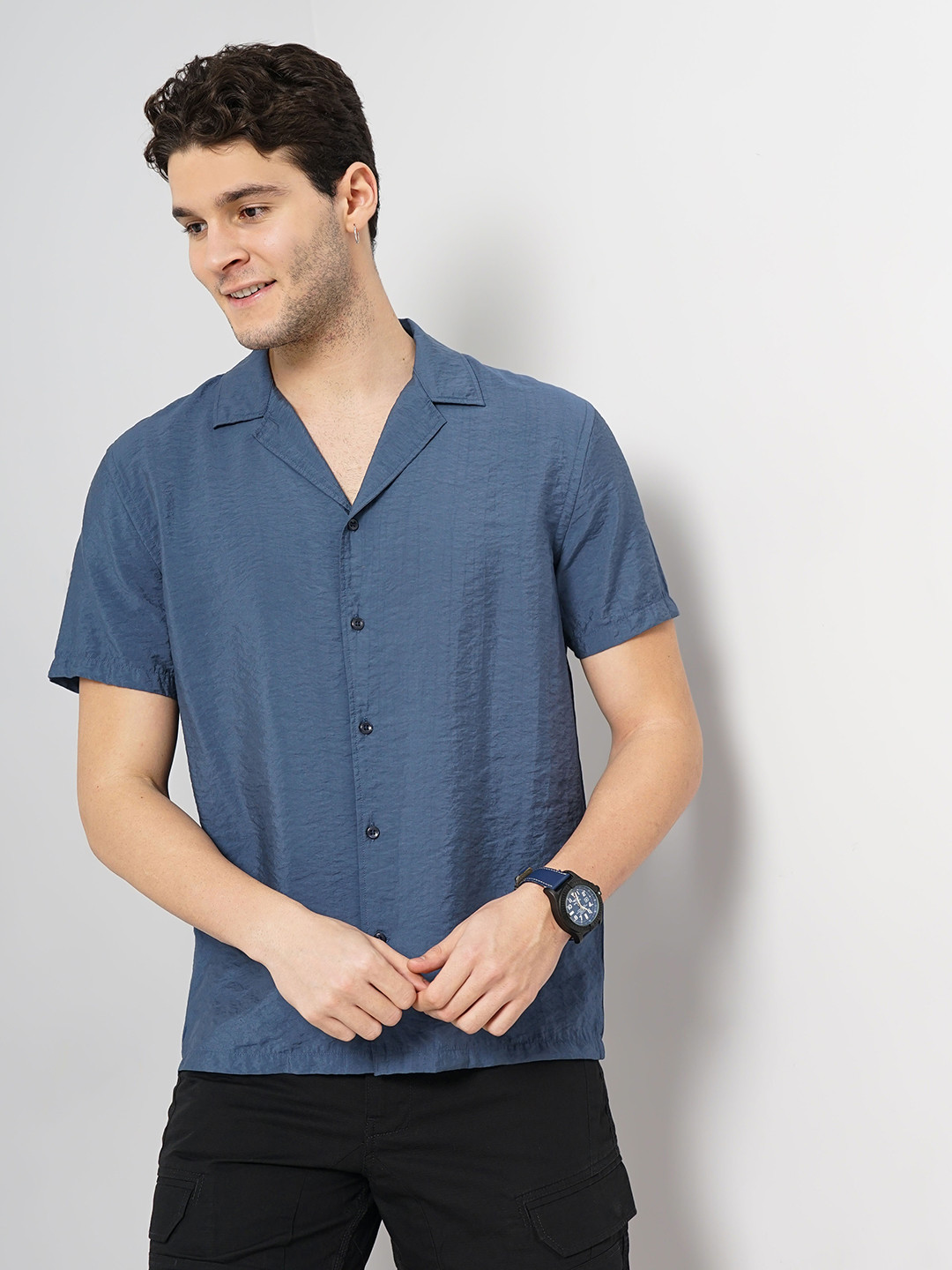 Celio Textured Spread Collar Short Sleeves Casual Shirt