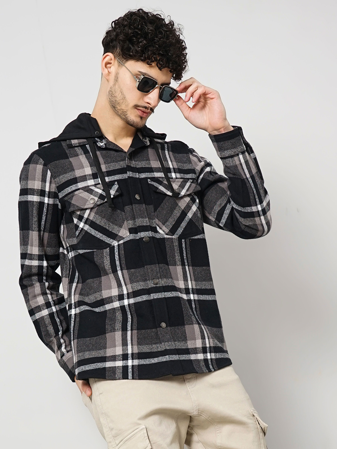 Celio Tartan Checks Hooded Cotton Casual Shirt