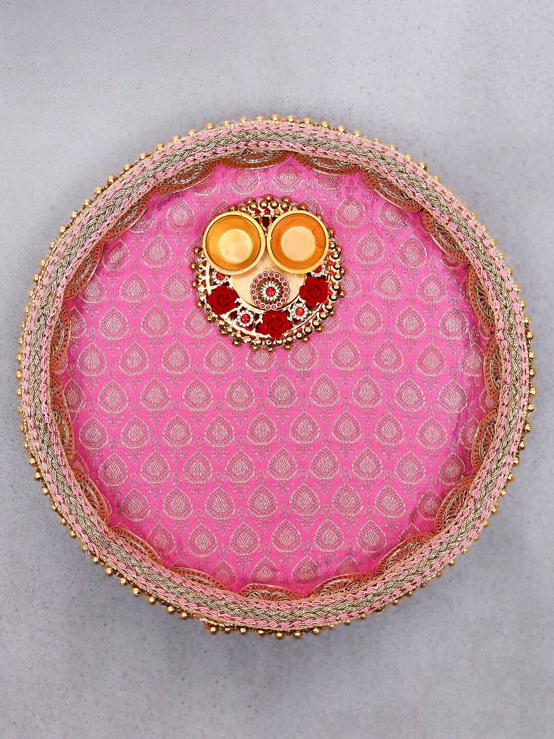 DecorTwist Pink Stainless Steel Decorative Pooja Thali