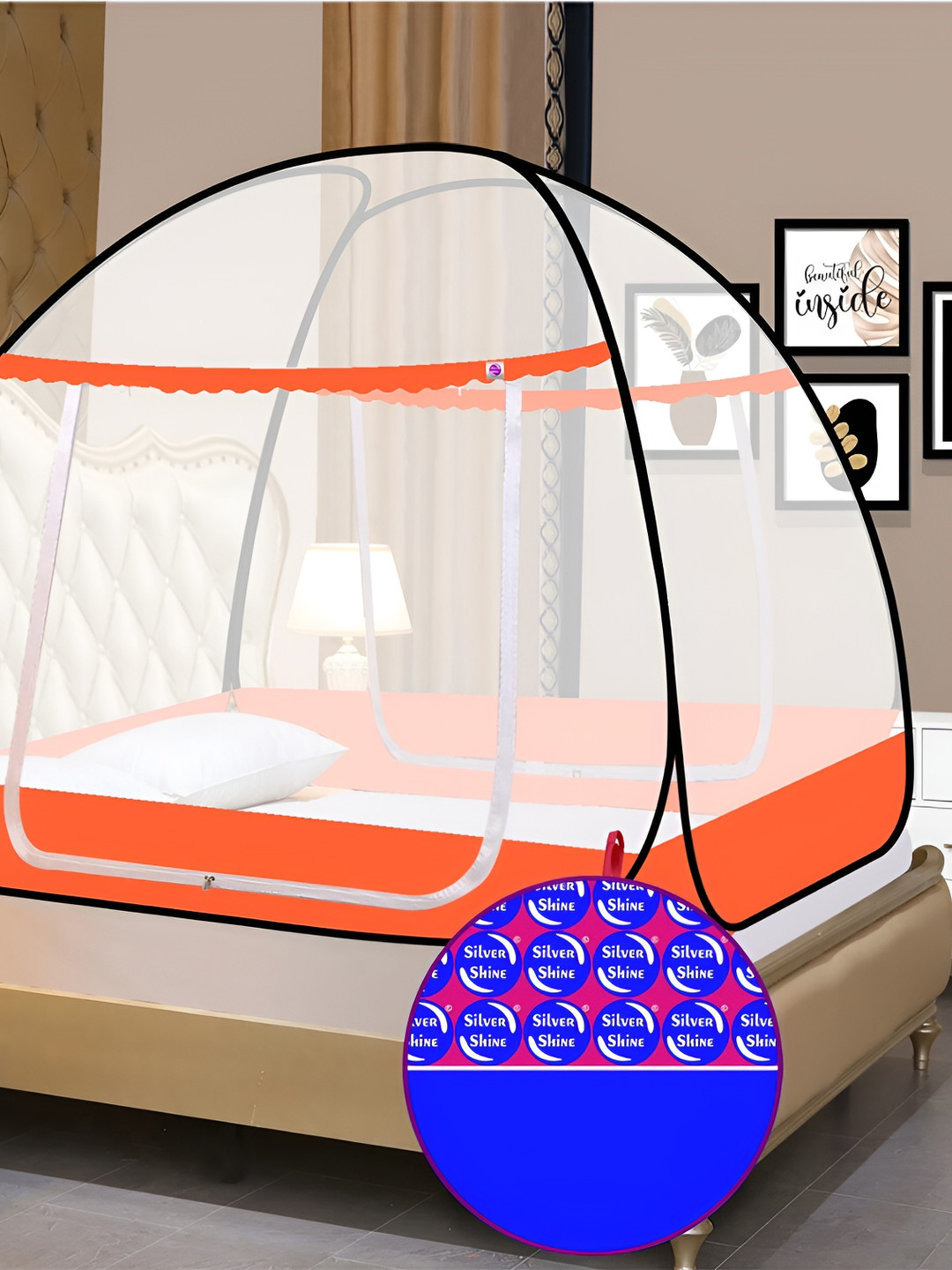 Silver Shine White & Orange King Size Tent Mosquito Net