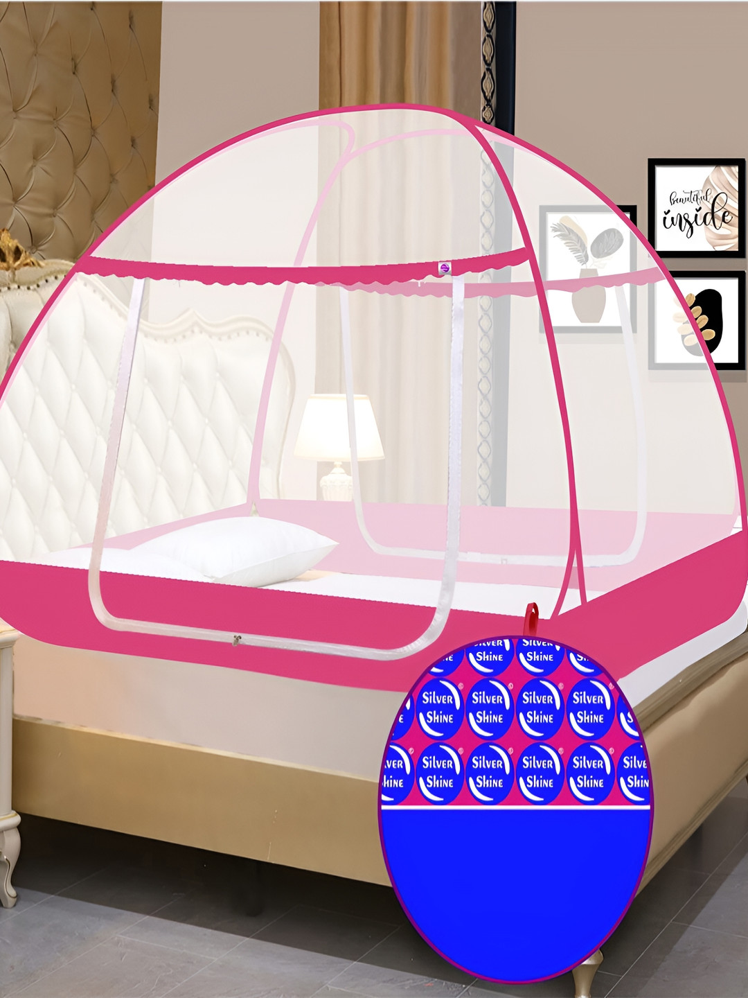 Silver Shine White & Pink King Size Tent Mosquito Net