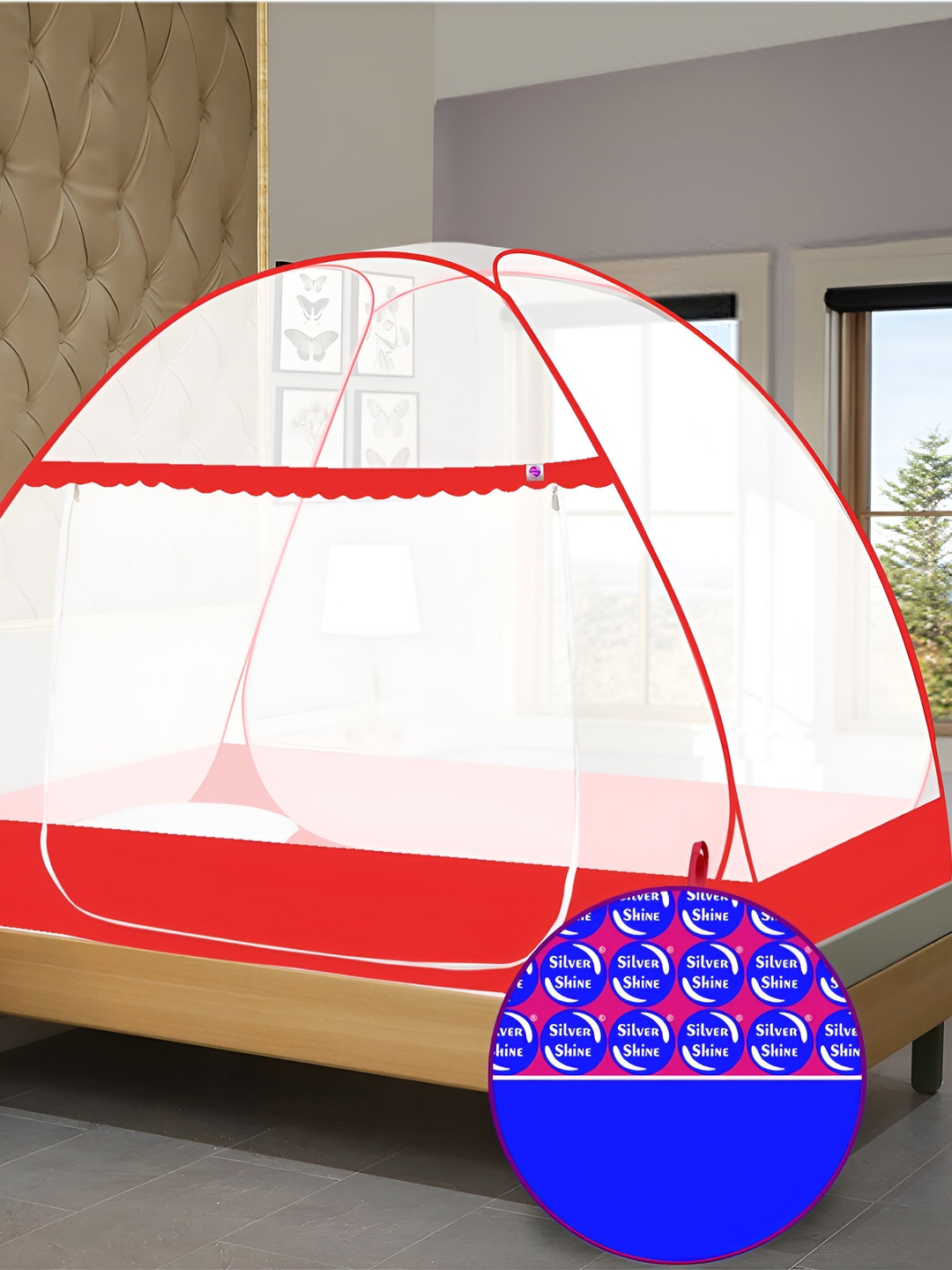 Silver Shine White & Red Tent Mosquito Net