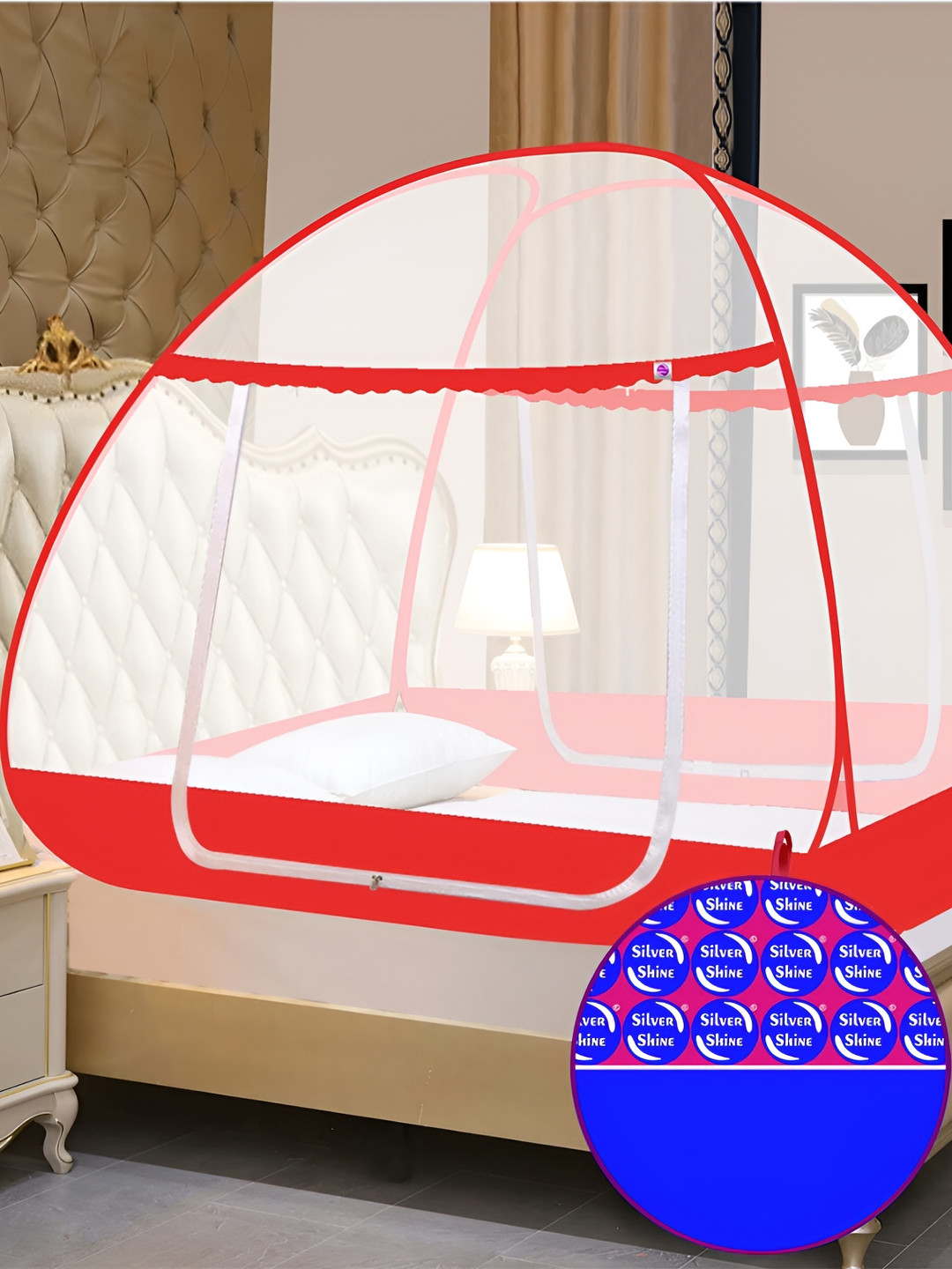 Silver Shine White & Red King Size Tent Mosquito Net