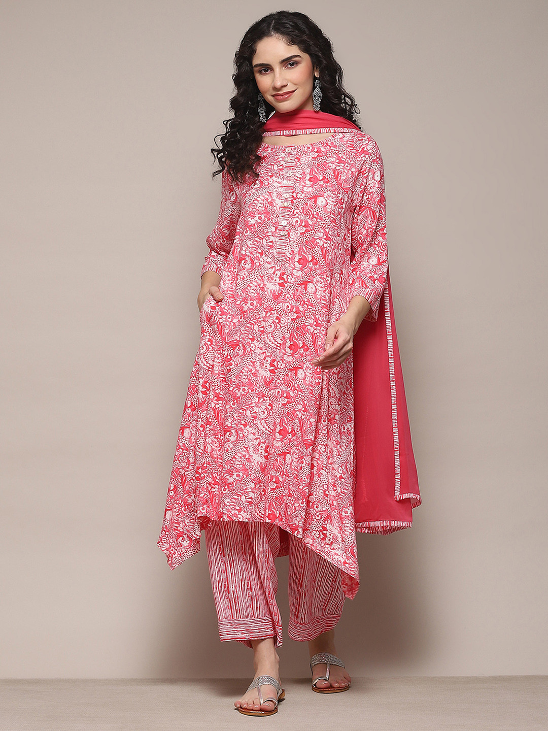 Biba Floral Printed Round Neck Three-Quarter Sleeves Kurta Set