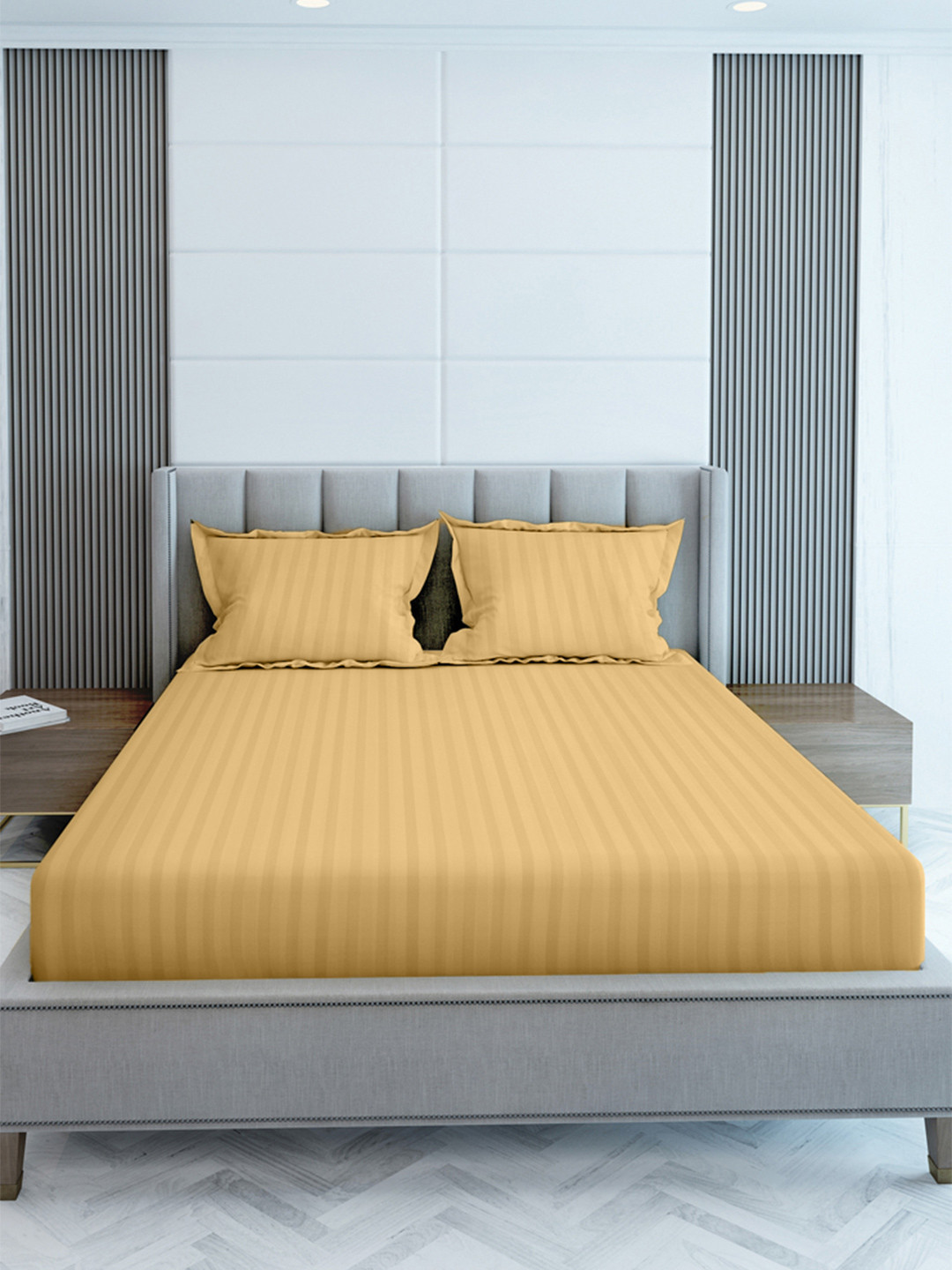 LABHAM Mustard Striped 210 TC King Bedsheet with 2 Pillow Covers
