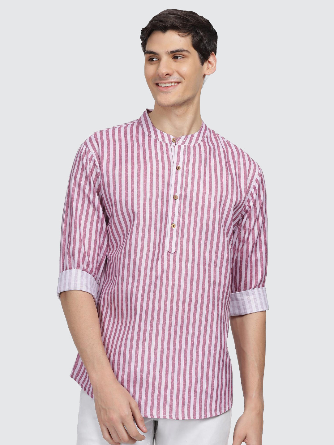Anouk Pink & White Striped Cotton Short Kurta