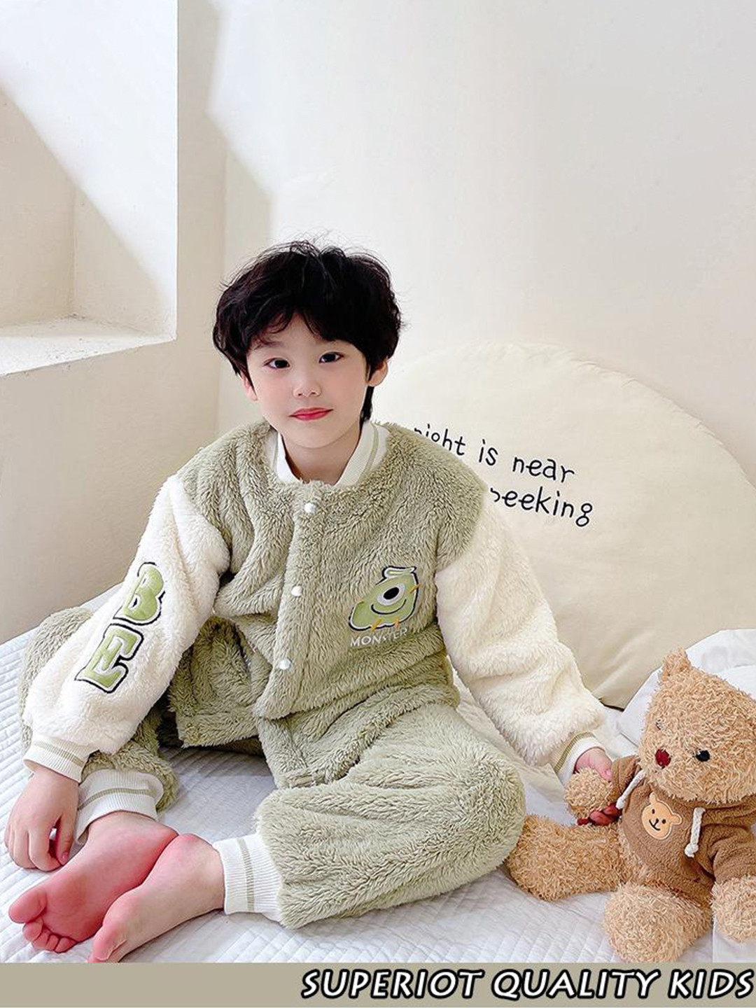 StyleCast Boys Green & White Self Design Stand Collar Jacket with Joggers