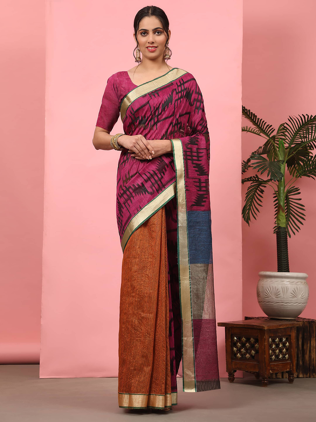 Silk Land Woven Design Zari Silk Cotton Half and Half Banarasi Saree