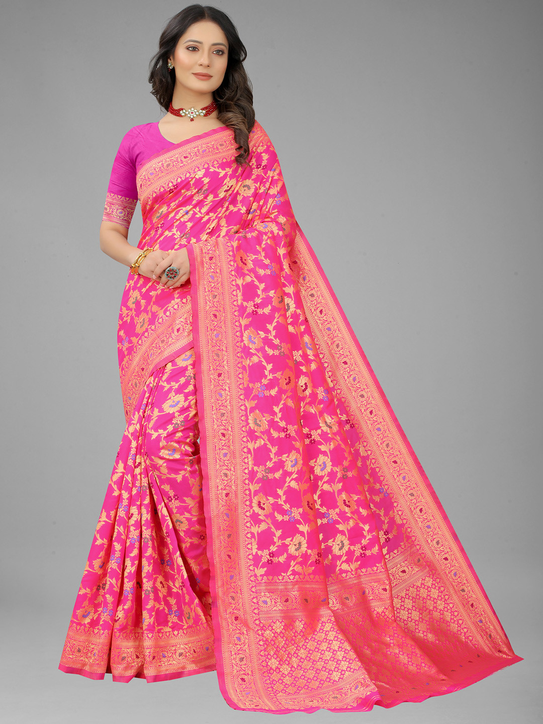 NENCY FASHION Pink & Blue Floral Woven Design Zari Banarasi Saree