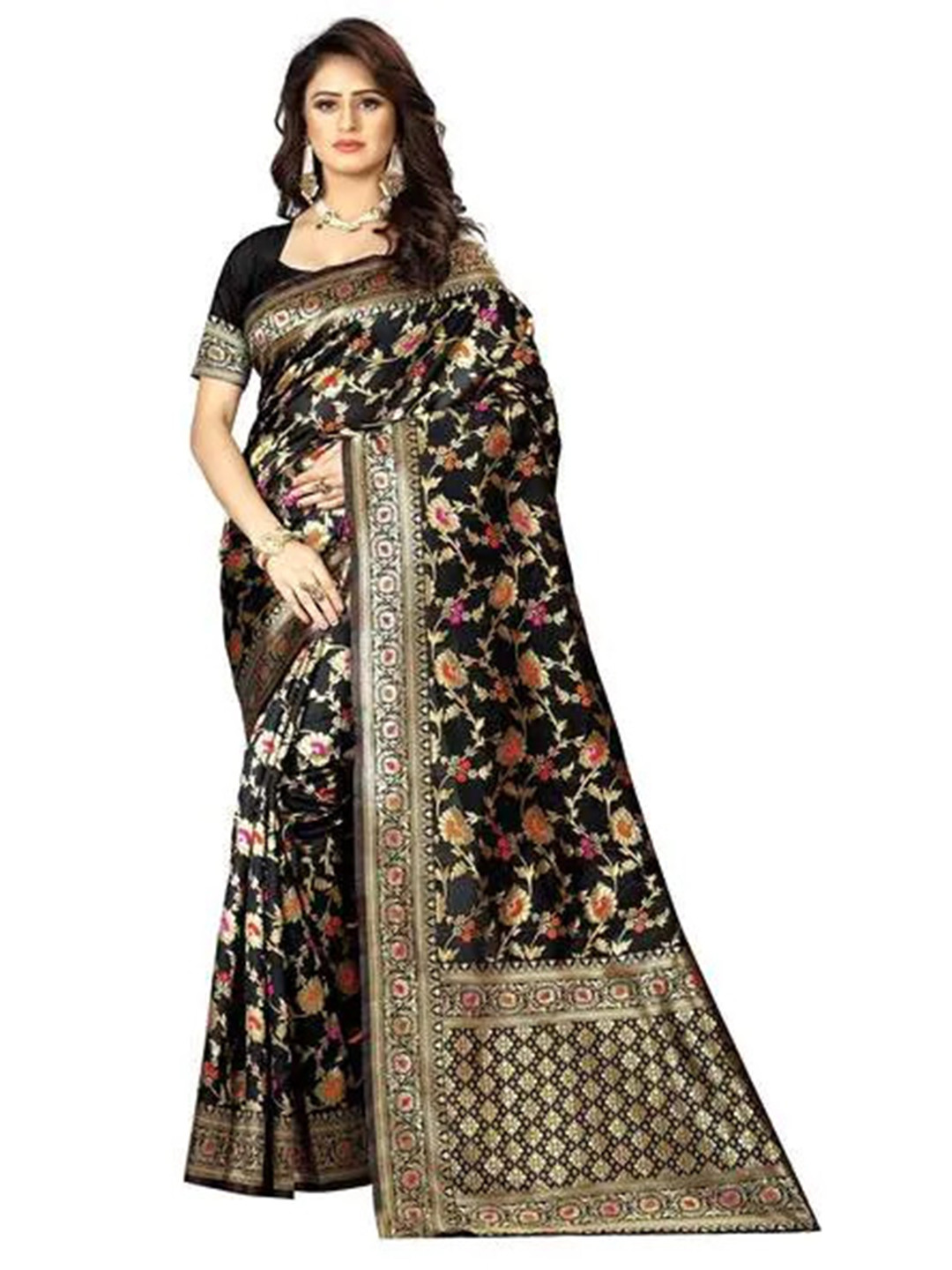 NENCY FASHION Black & Gold-Toned Woven Design Zari Banarasi Saree