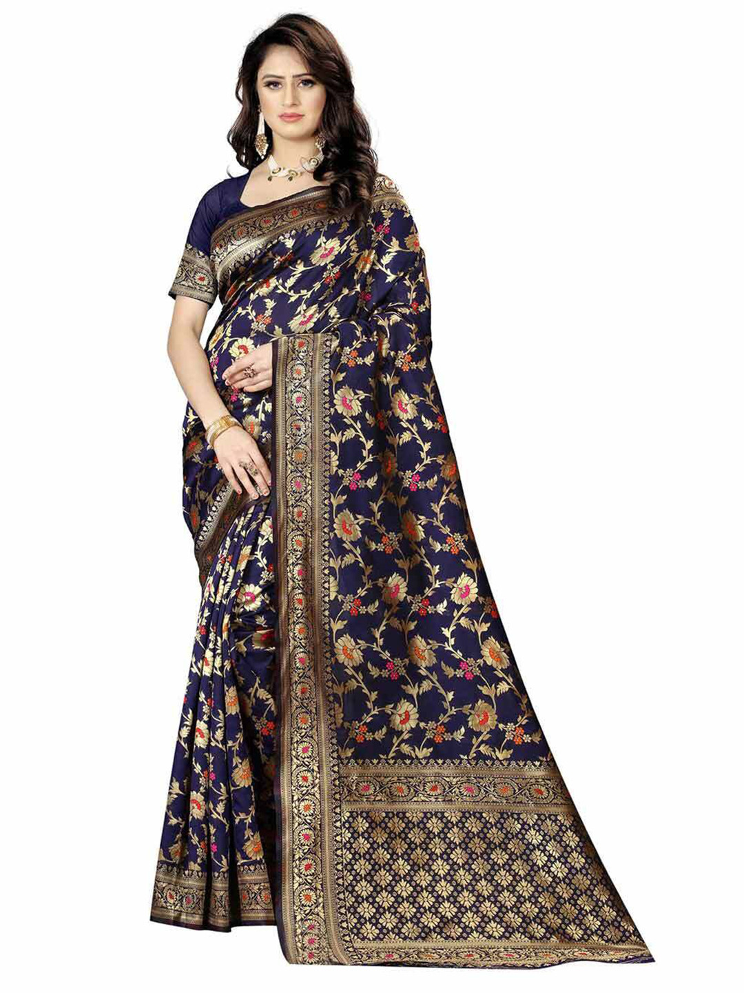 NENCY FASHION Blue & Gold-Toned Woven Design Zari Banarasi Saree