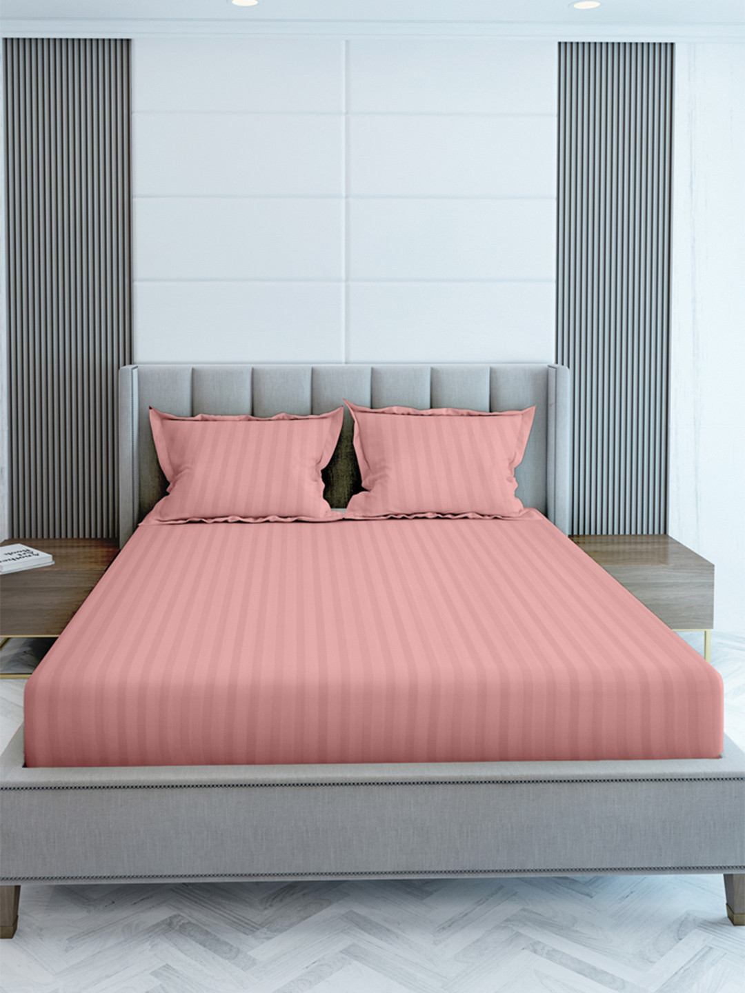 LABHAM Simple Living Pink Striped Cotton 210 TC King Fine Bedsheet with 2 Pillow Covers-108 x 108 inches