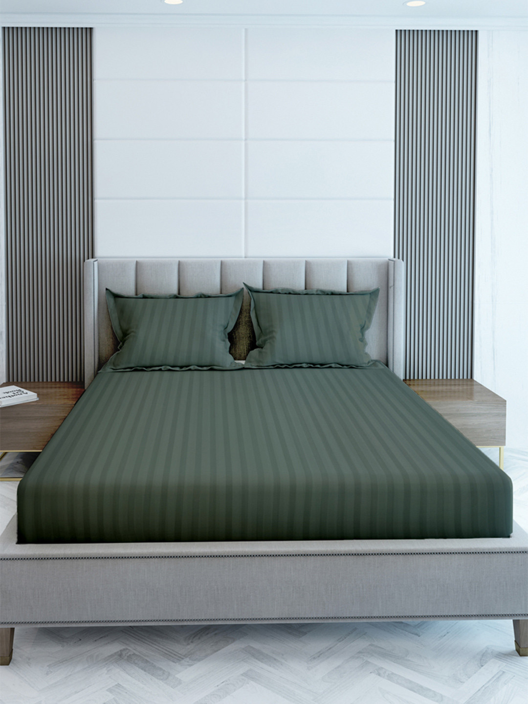 LABHAM Green Striped Cotton 210 TC King Fine Bedsheet with 2 Pillow Covers-274 x 274 cm
