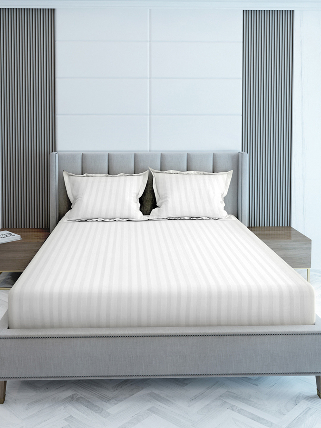 LABHAM Simple Living White Striped Cotton 210 TC King Fine Bedsheet with 2 Pillow Covers-274 x 274 cm