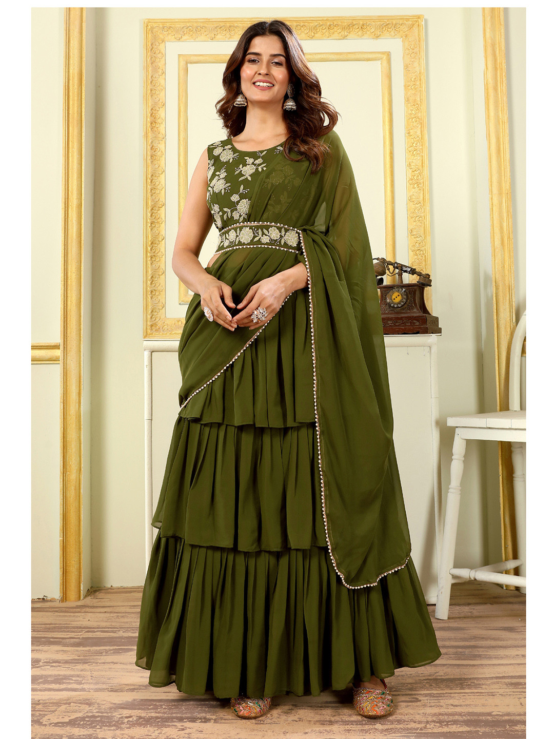PATLANI STYLE Georgette 3-Layered Embroidered Ready To Wear Saree With Belt