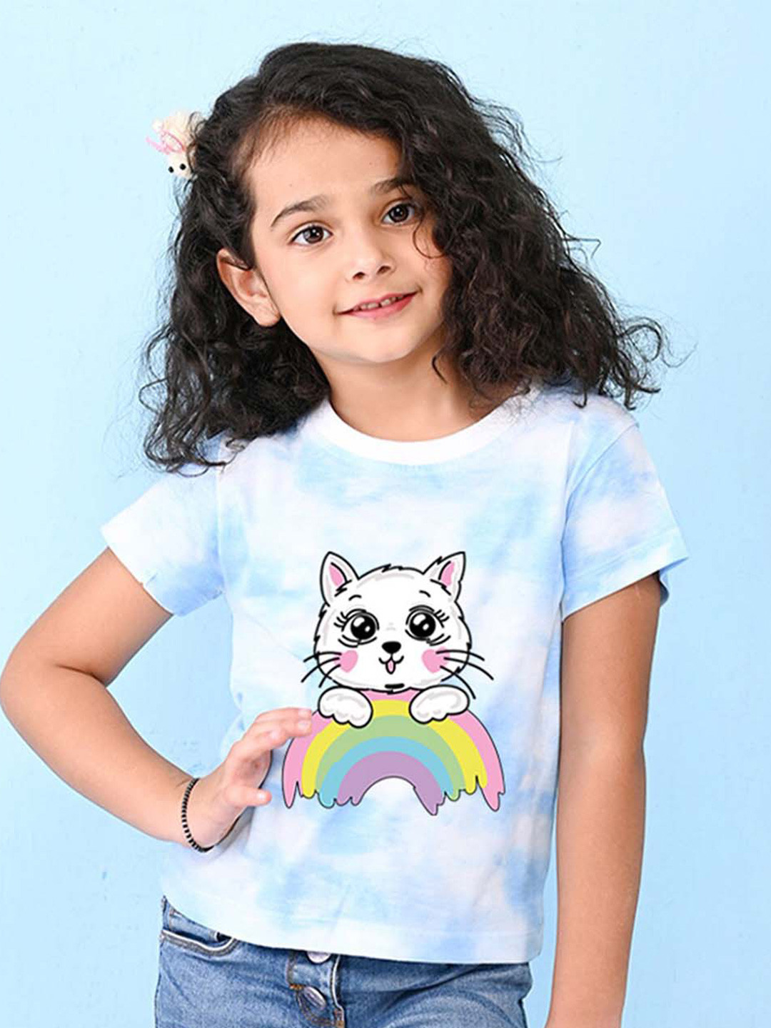 NUSYL Girls Cat & Rainbow Printed Round Neck Short Sleeves Tie & Dye T-Shirt