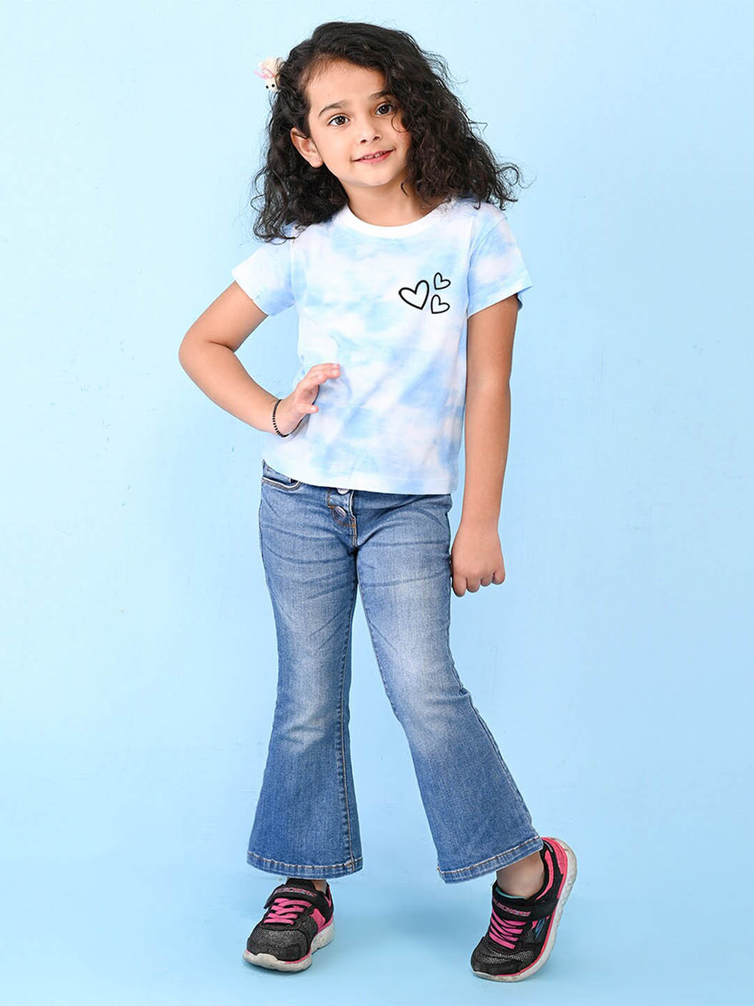 NUSYL Girls Heart Printed High Neck Short  sleeve Tie & Dye T-Shirt