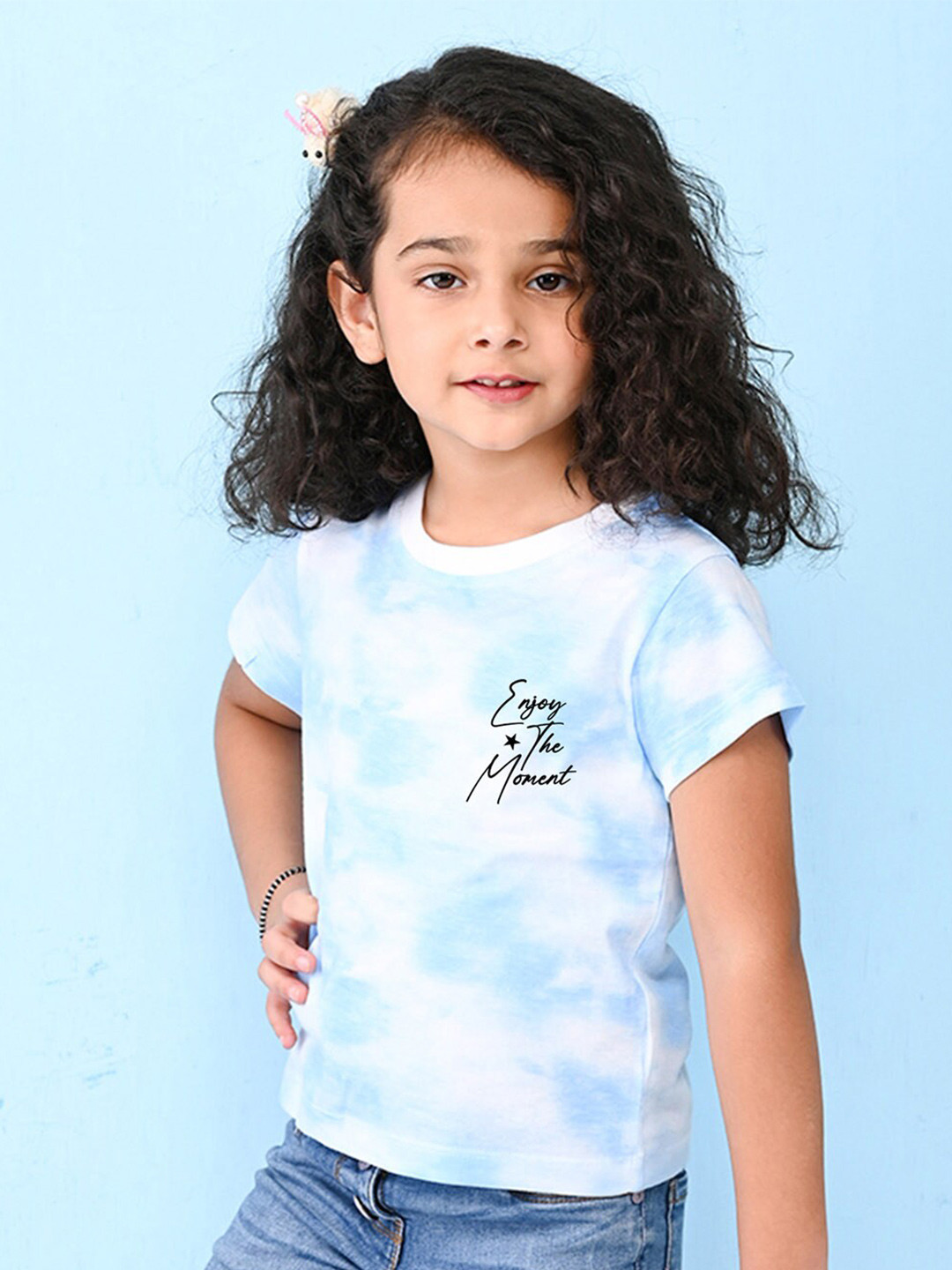 NUSYL Girls Text Printed High Neck Short sleeve Tie & Dye T-Shirt