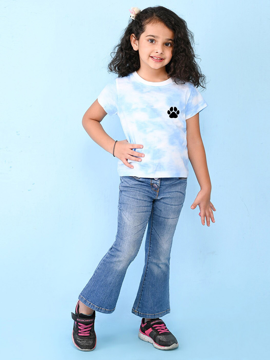 NUSYL Girls Dog Printed High Neck Short  sleeve Tie & Dye T-Shirt