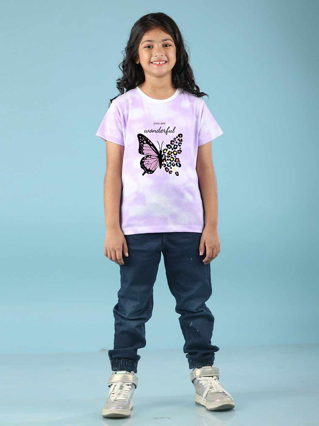 NUSYL Girls Butterfly Printed High Neck Short sleeve Tie & Dye T-Shirt