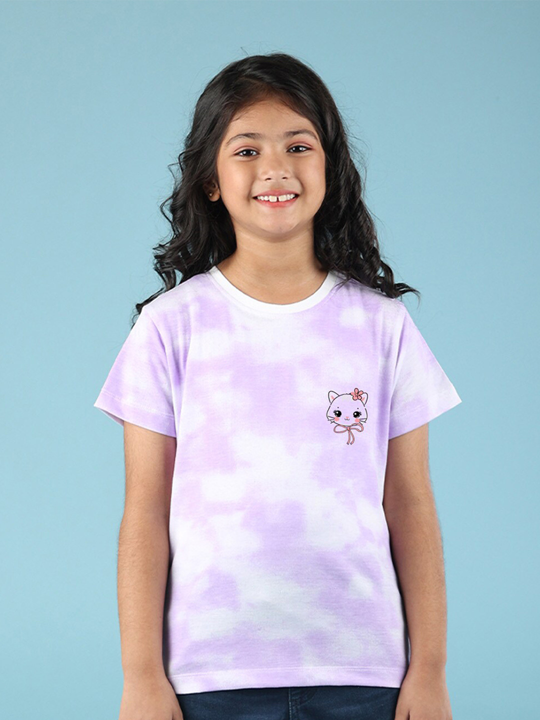 NUSYL Girls Cute cat Printed High Neck Short sleeve Tie & Dye T-Shirt
