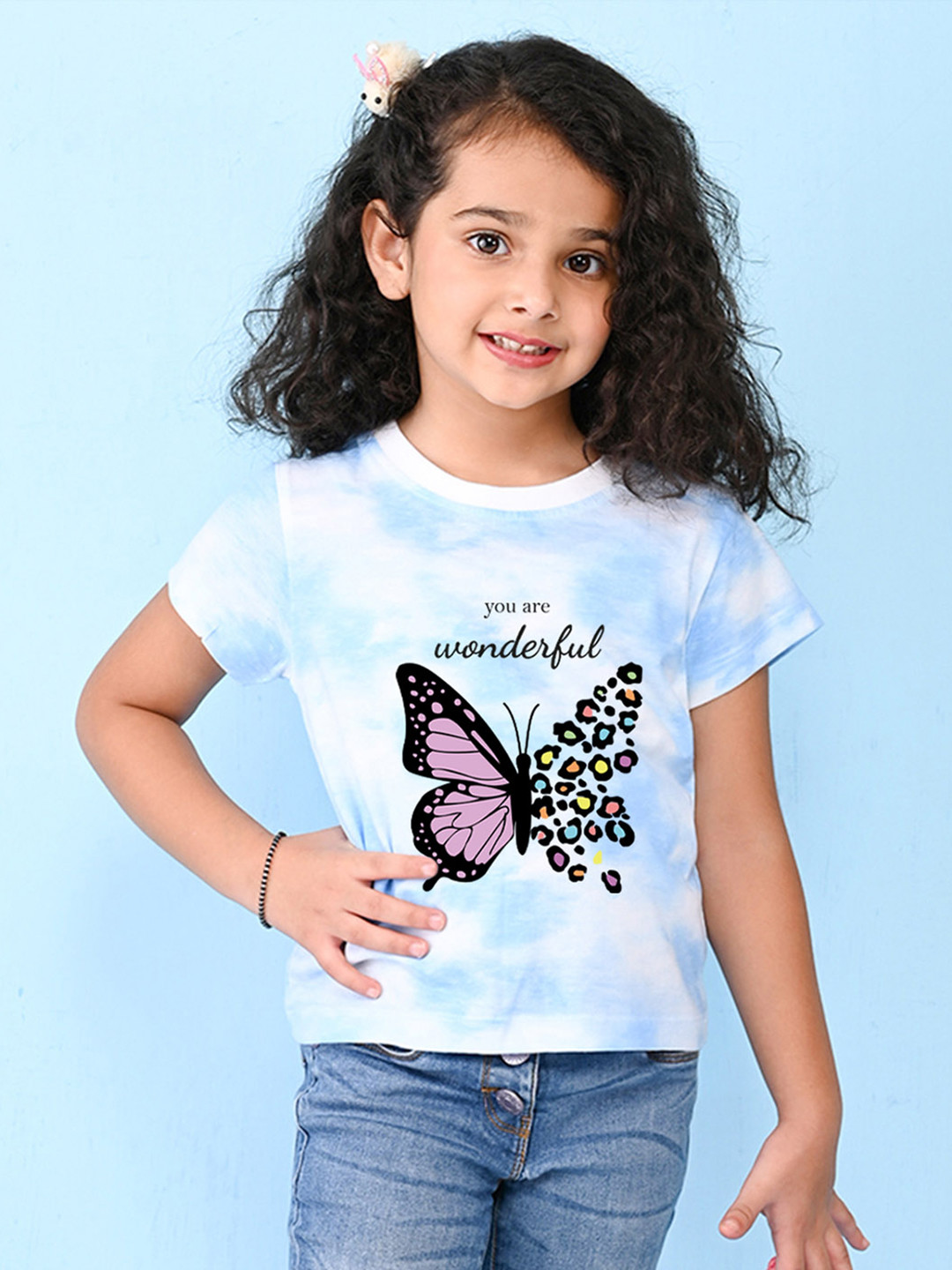NUSYL Girls Butterfly Printed Round Neck Short Sleeves T-shirt