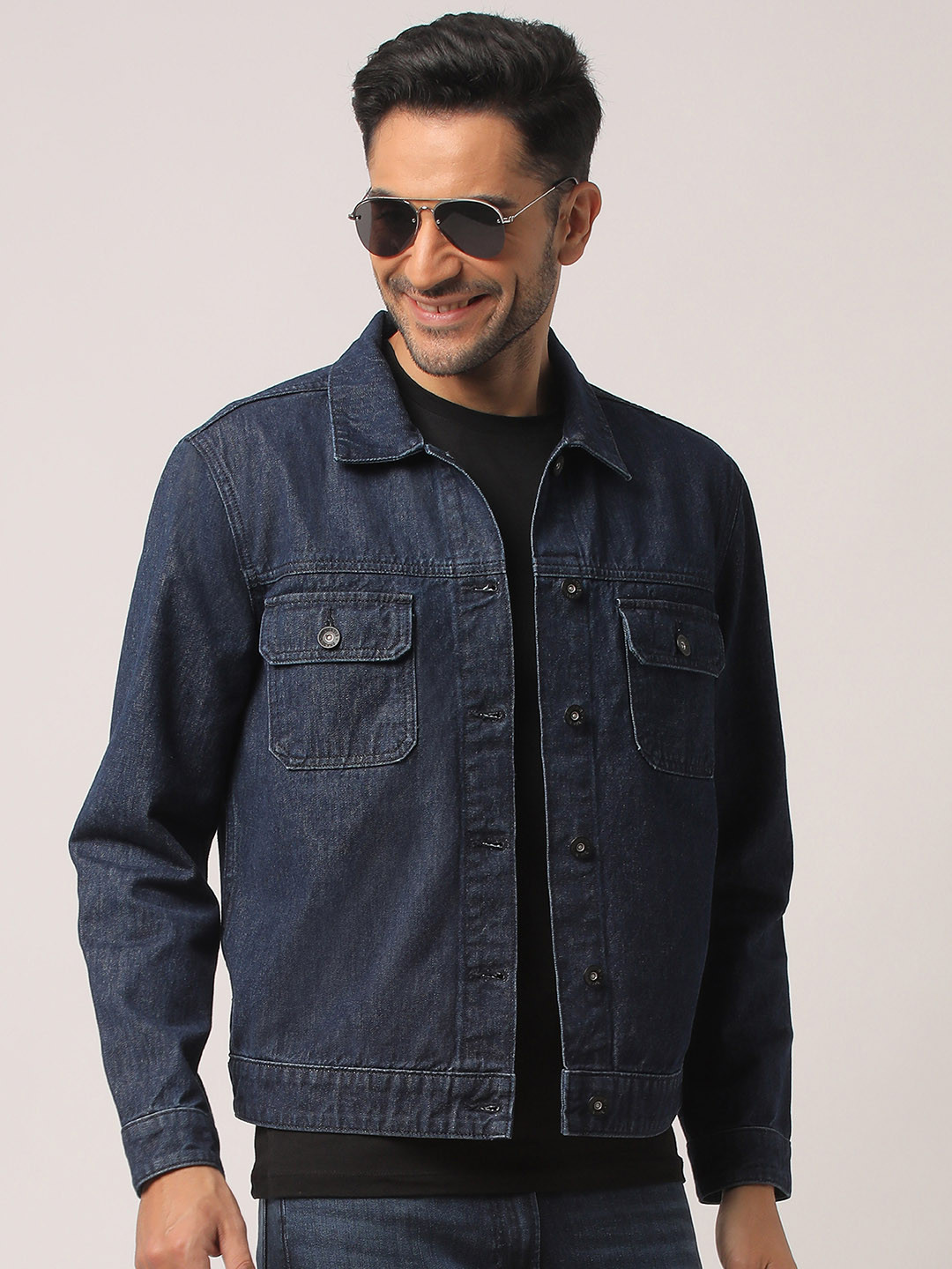 EVERBLUE Men Classic Dark Blue Cotton Stretch Denim Jacket